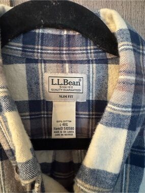 L.L. Bean Blue and White Plaid Slim Fit Flannel Shirt